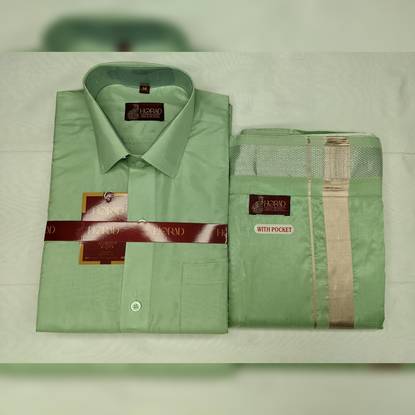 Horad Premium Art Silk Pista Green Shirt + Welcro Dhoti