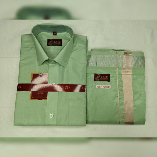 Horad Premium Art Silk Pista Green Shirt + Welcro Dhoti