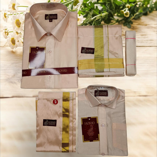 Horad Premium Art Silk Dad and Son Rose Gold Shirt + Dhoti