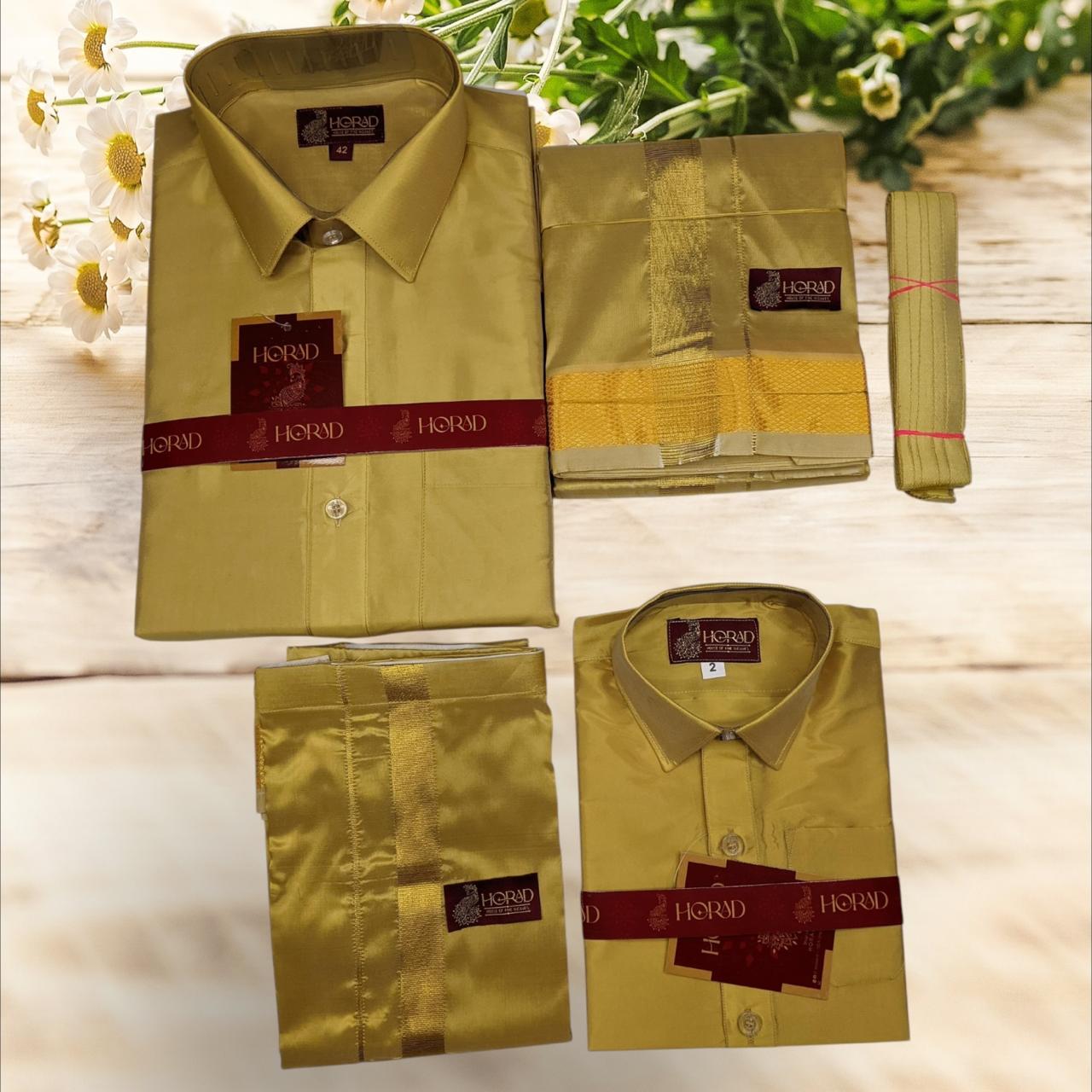 Horad Premium Art Silk Dad and Son Dark Gold Shirt + Dhoti