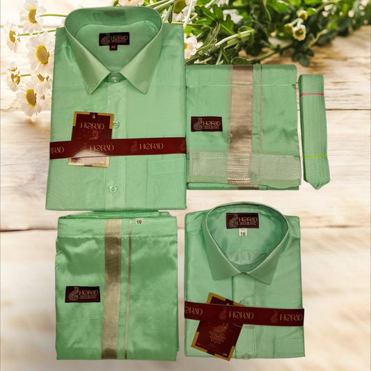 Horad Premium Art Silk Dad and Son ML.Green Shirt + Dhoti