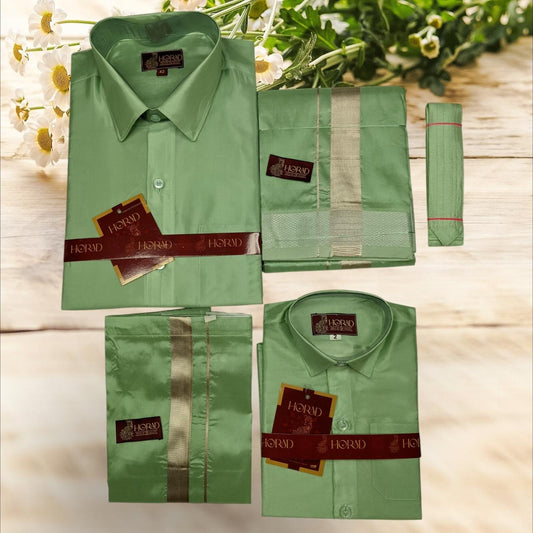 Horad Premium Art Silk Dad and Son Pista Green Shirt + Dhoti