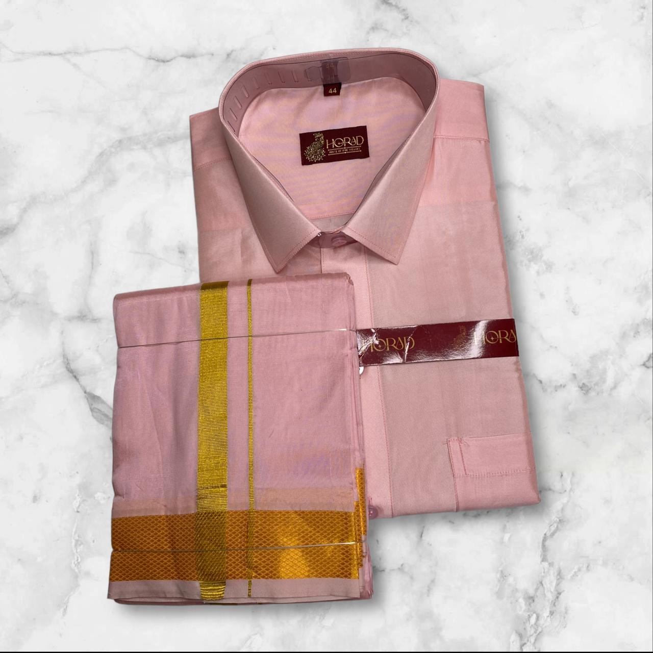 Horad Premium Art Silk Dad and Son Petal Pink Shirt + Dhoti