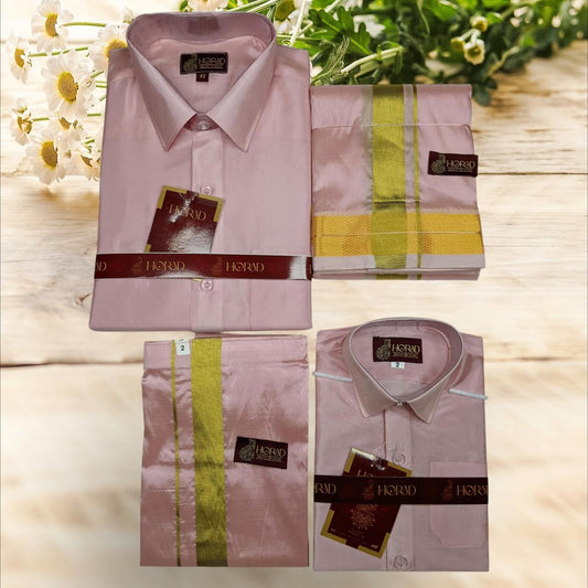 Horad Premium Art Silk Dad and Son Petal Pink Shirt + Dhoti